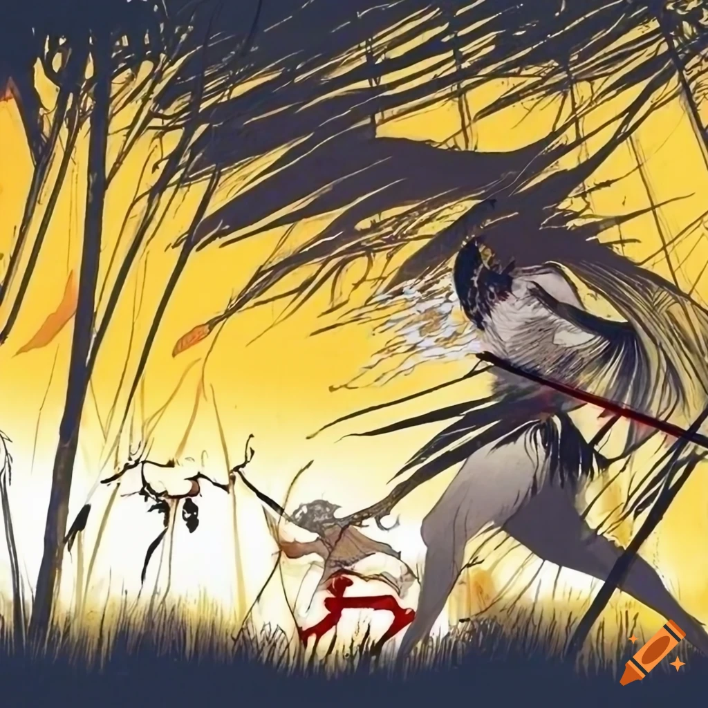 Black warrior versus white warrior fighting in a bamboo forest at sunset