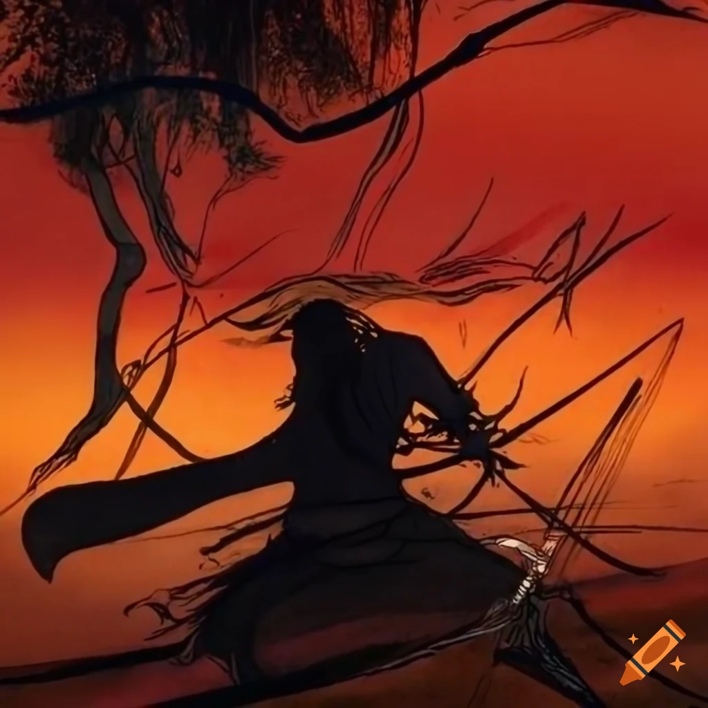 Black warrior battles white warrior in a bamboo forest at sunset, inspired by Yoshitaka Amano