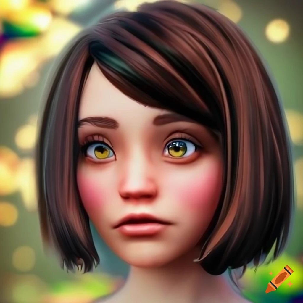 Woman with hazel eyes and a lopsided brunette bob in a pretty garden