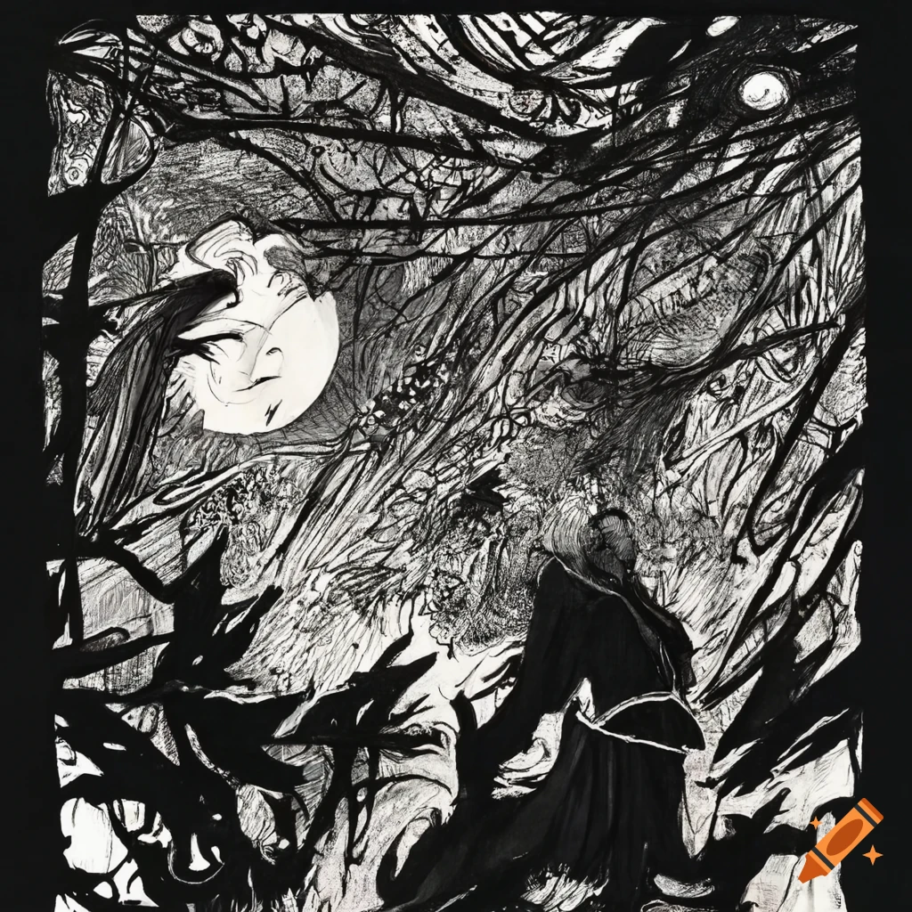 Epic battle of elegant warriors in a bamboo forest under a starry sky, inspired by Yoshitaka Amano