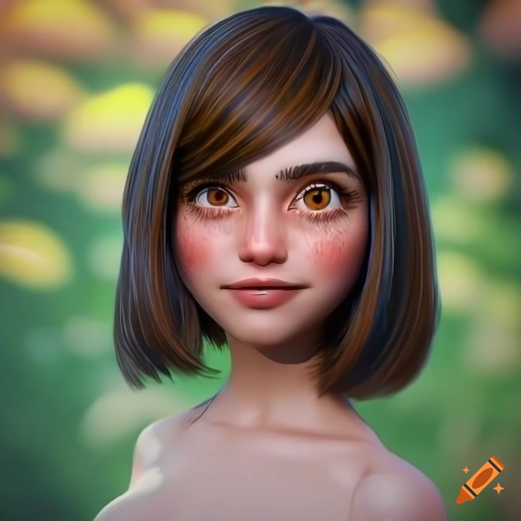 Woman with hazel eyes and unique brunette hairstyle in a garden setting