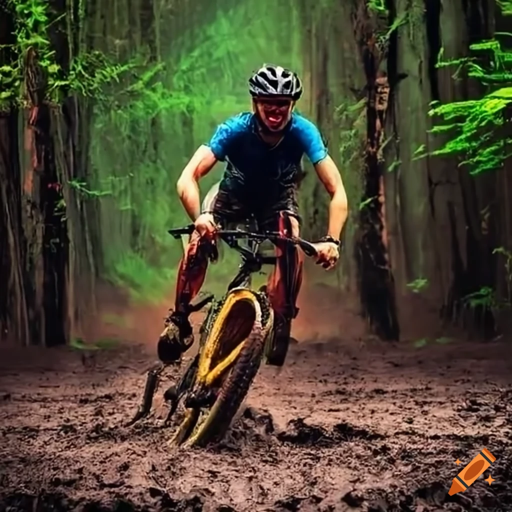 Mountain bike rider avoiding water and mud