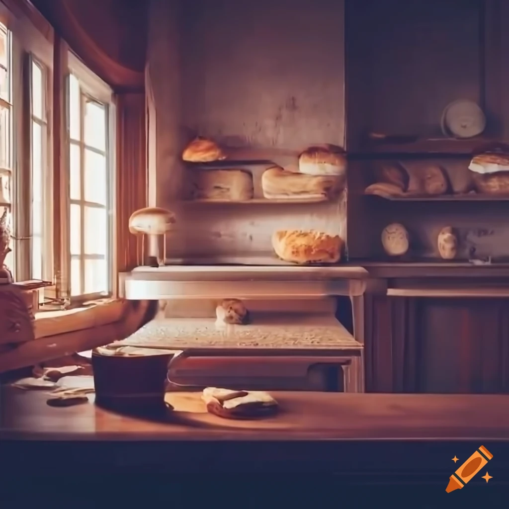 Vintage bakery interior with bright natural light and empty table
