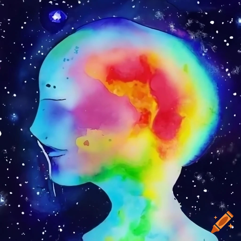 Human aura with bright warm colors and stars and planets in a Ukiyo-e style illustration