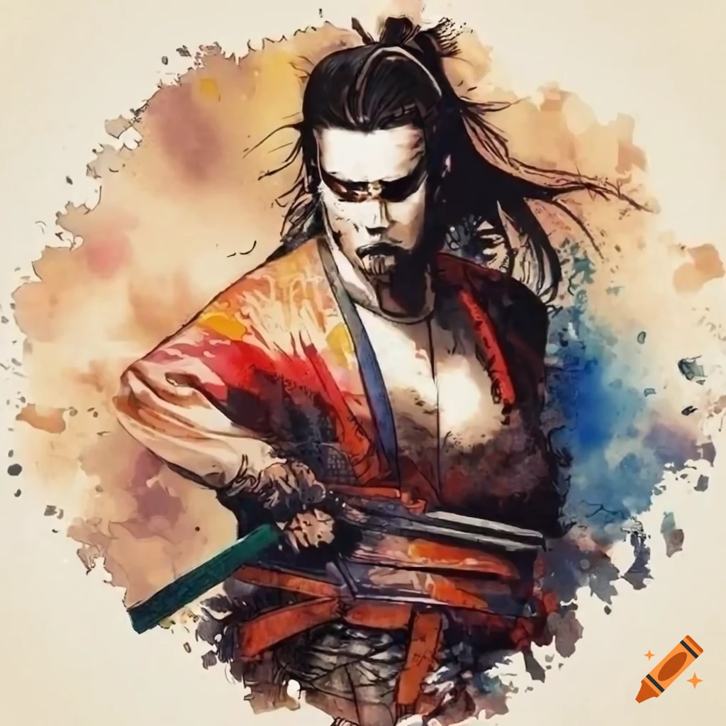 Samurai Miyamoto Musashi in Ukiyo-e style with a post-apocalyptic twist