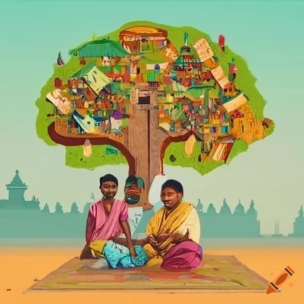 Group of diverse community members in an Indian village discussing a map under a tree