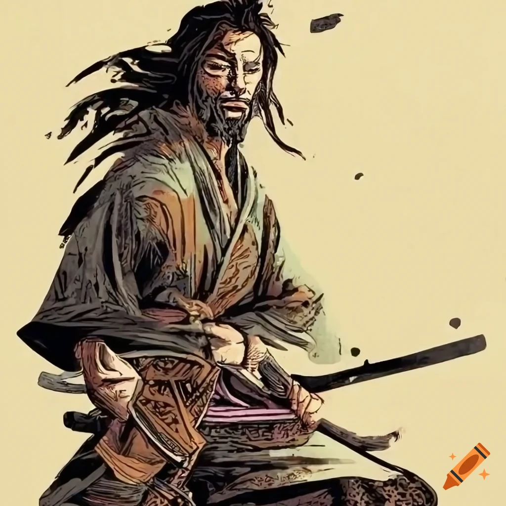 Samurai Miyamoto Musashi in ukiyo-e style art with a post-apocalyptic touch