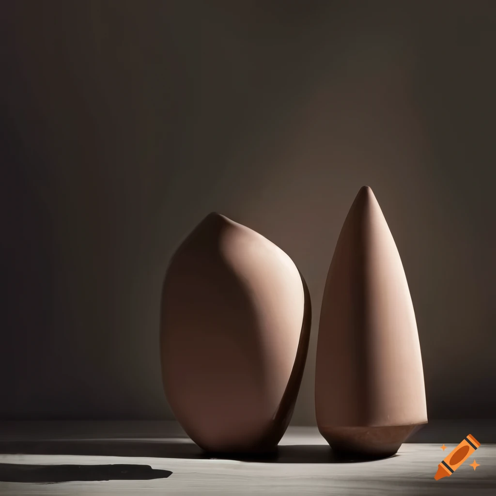 Asymmetrical ceramic objects on a table in an old dark hotel room with shadows