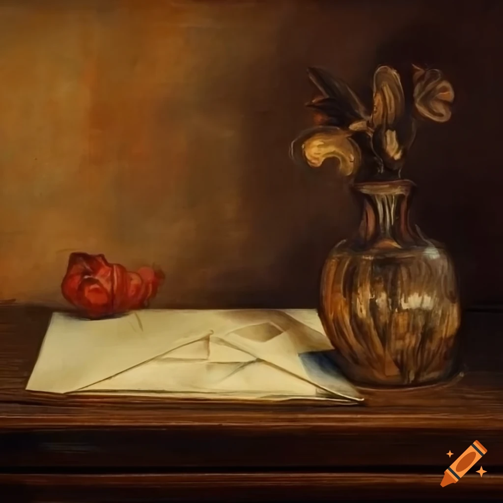 Antique oil painting of an opened envelope on a vintage wooden desk