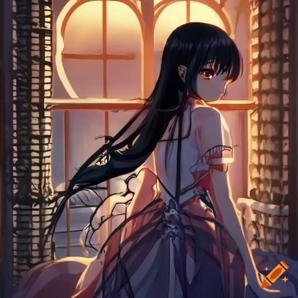 Anime princess with black hair in a castle looking out at another castle
