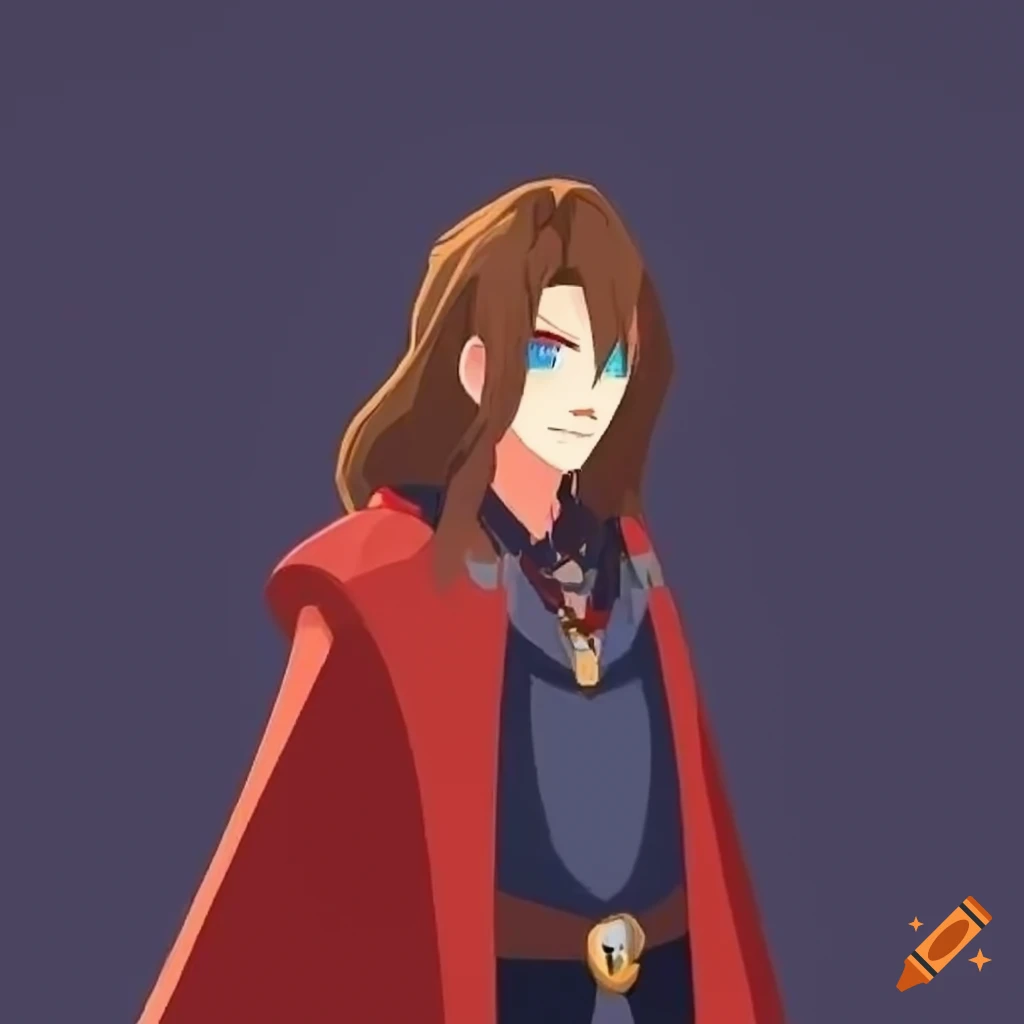 Elegant Dunlending warrior with long wavy brown hair and blue eyes in a red cloak