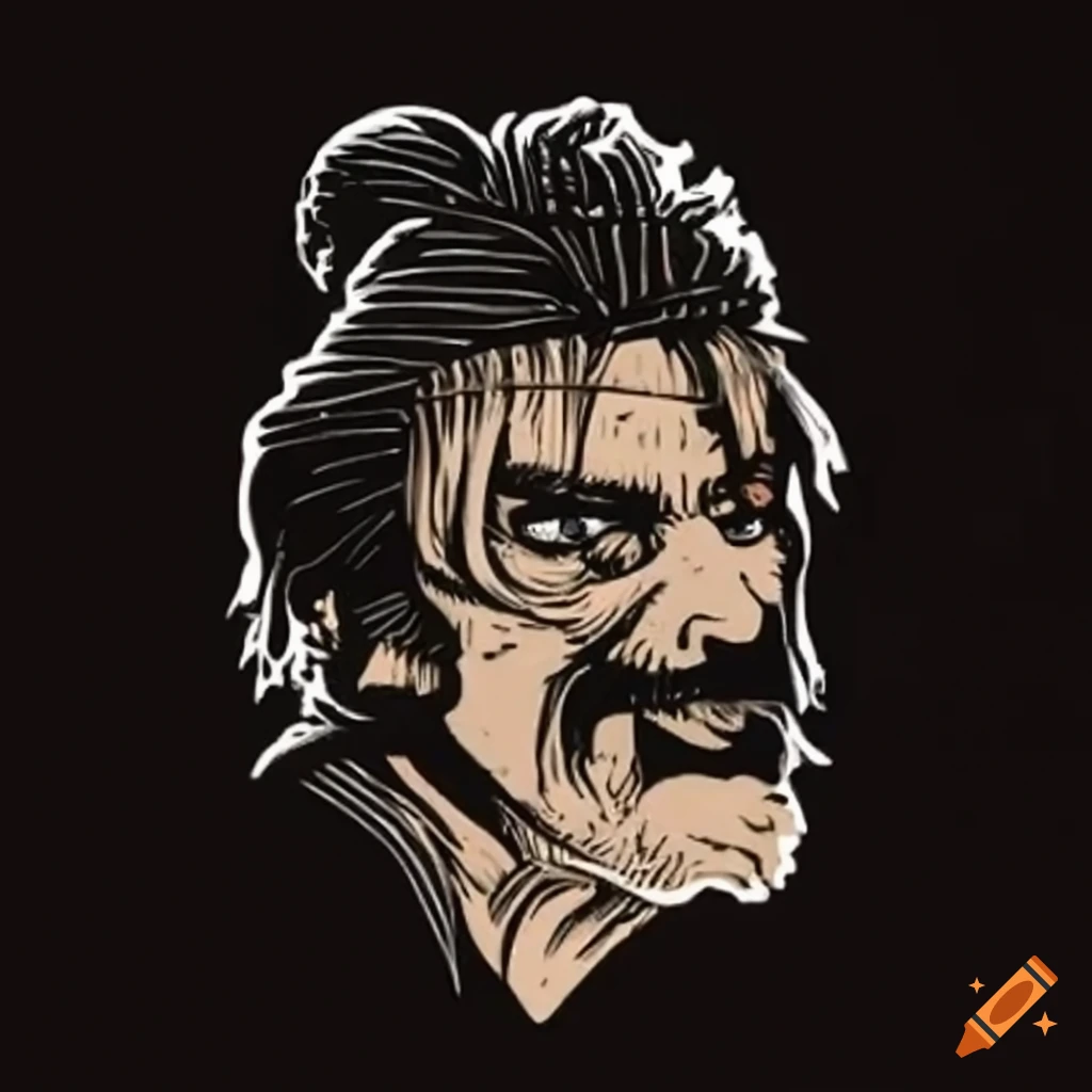 Samurai Miyamoto Musashi in ukiyo-e style art with a post-apocalyptic touch