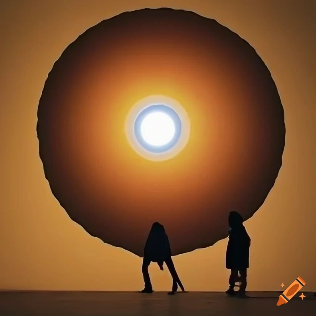 Silhouettes of people in an art installation inspired by 'The Weather Project' by Olafur Eliasson