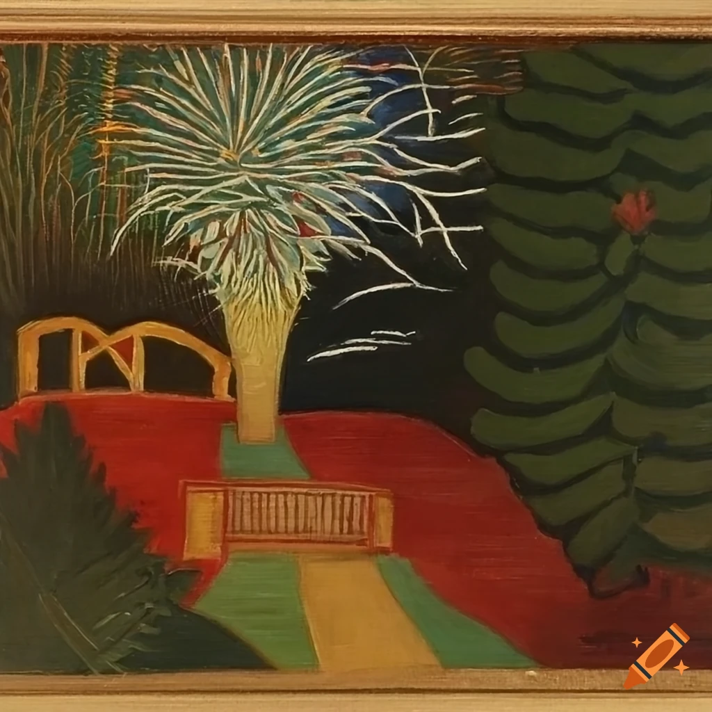 Lake with fireworks and a bridge in the style of various artists in a frame