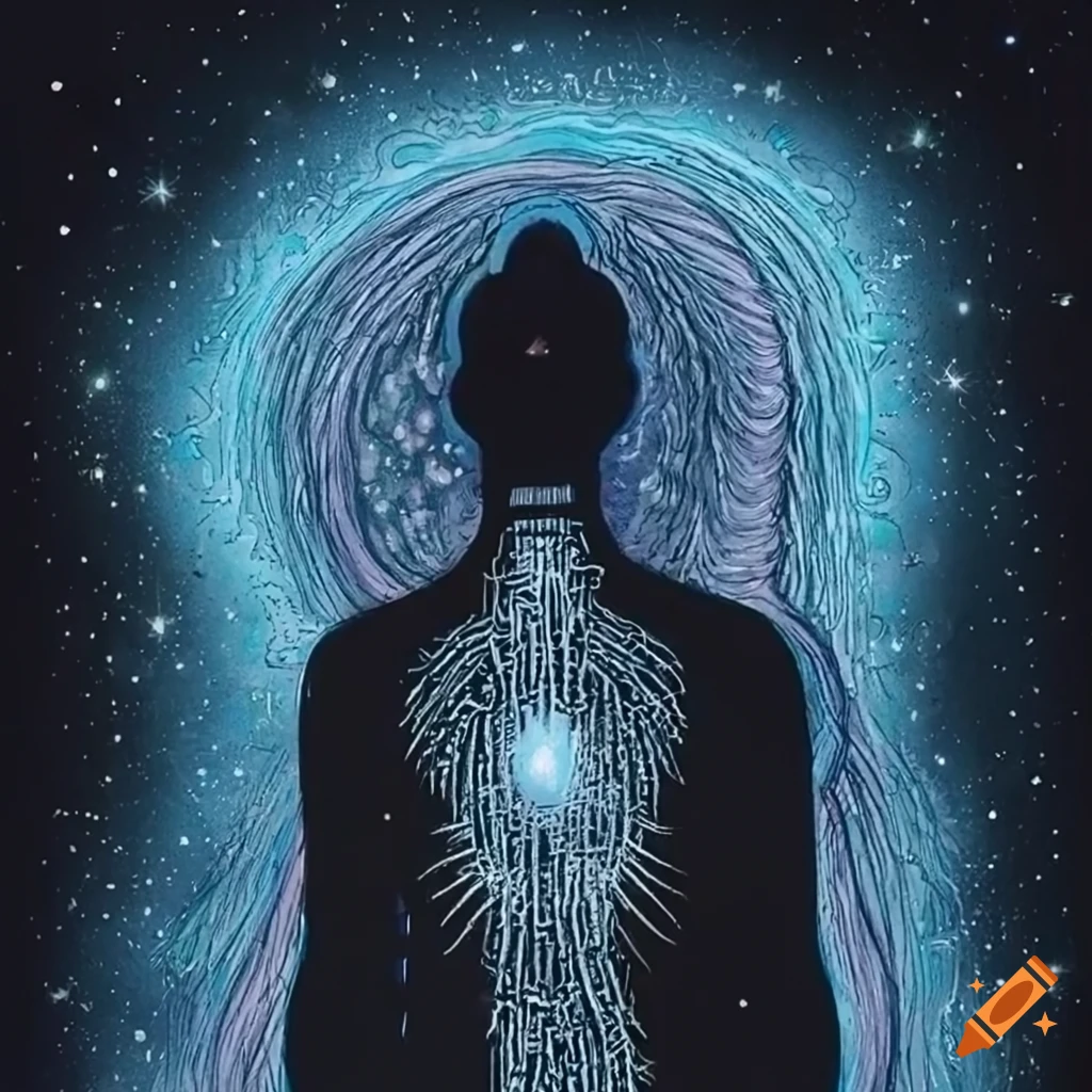 Human aura with bright warm colors and stars in an Ukiyo-e style illustration