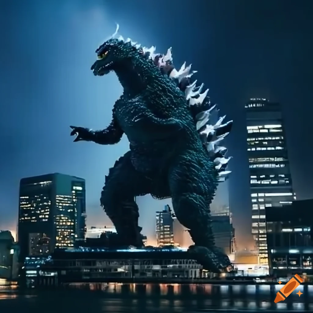 Godzilla causing havoc in lit Tokyo cityscape under stormy night