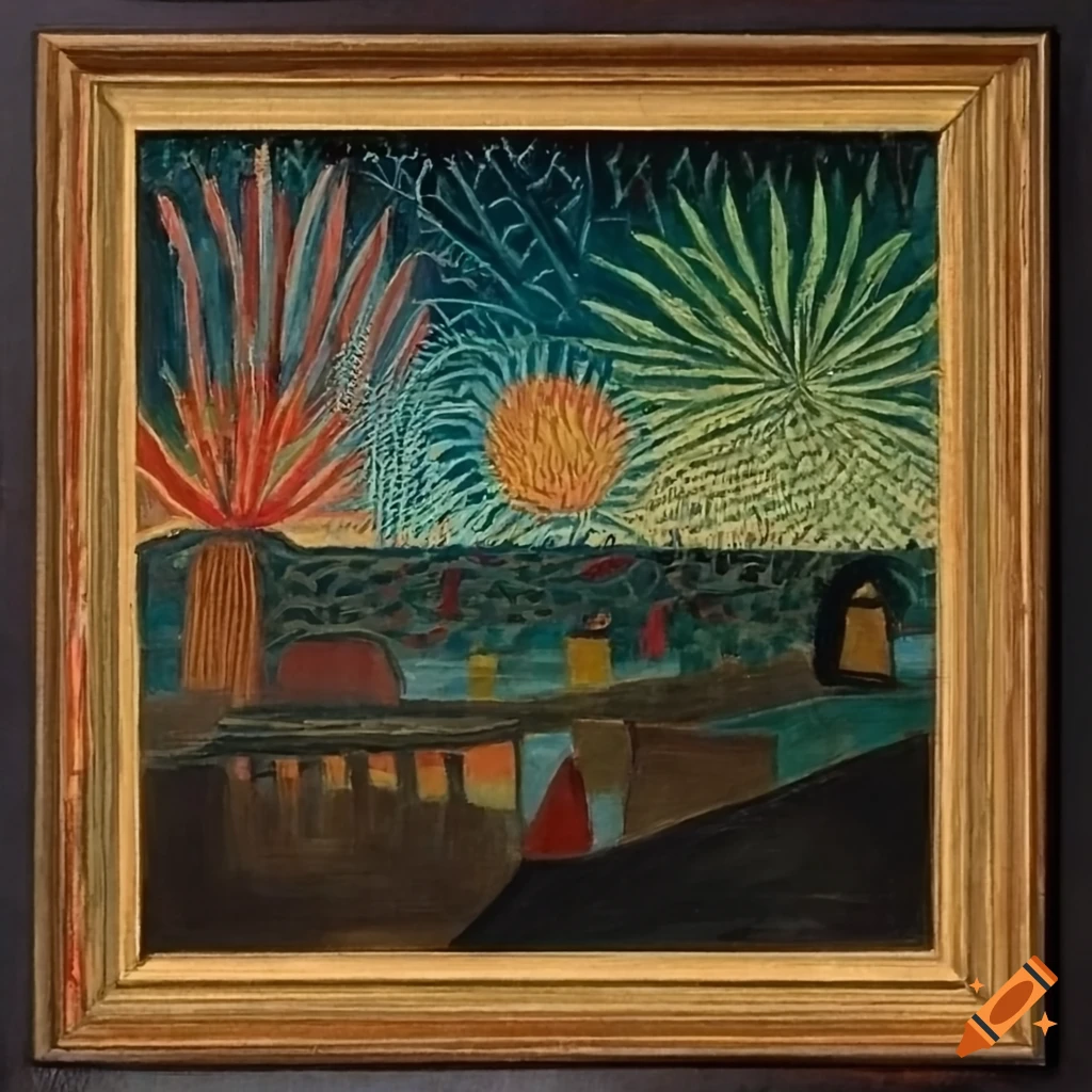 Lake with fireworks and a bridge in the style of various artists in a frame