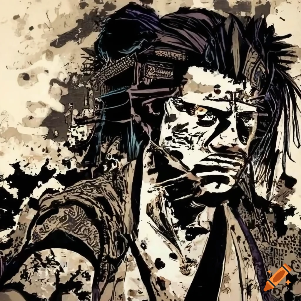 Samurai Miyamoto Musashi in ukiyo-e style with a hint of post-apocalyptic flair