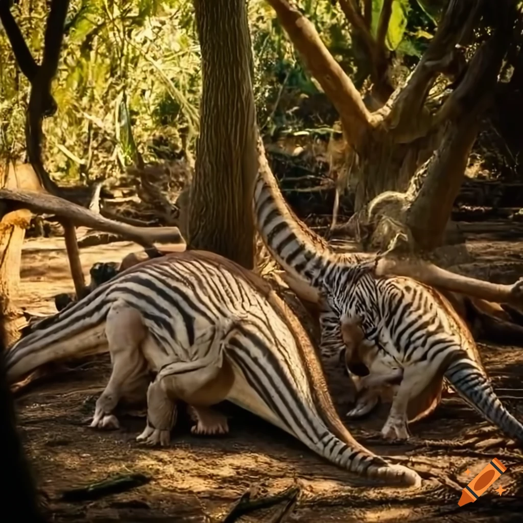 Three hadrosaurs resting in the shade of a tree in a sunny clearing