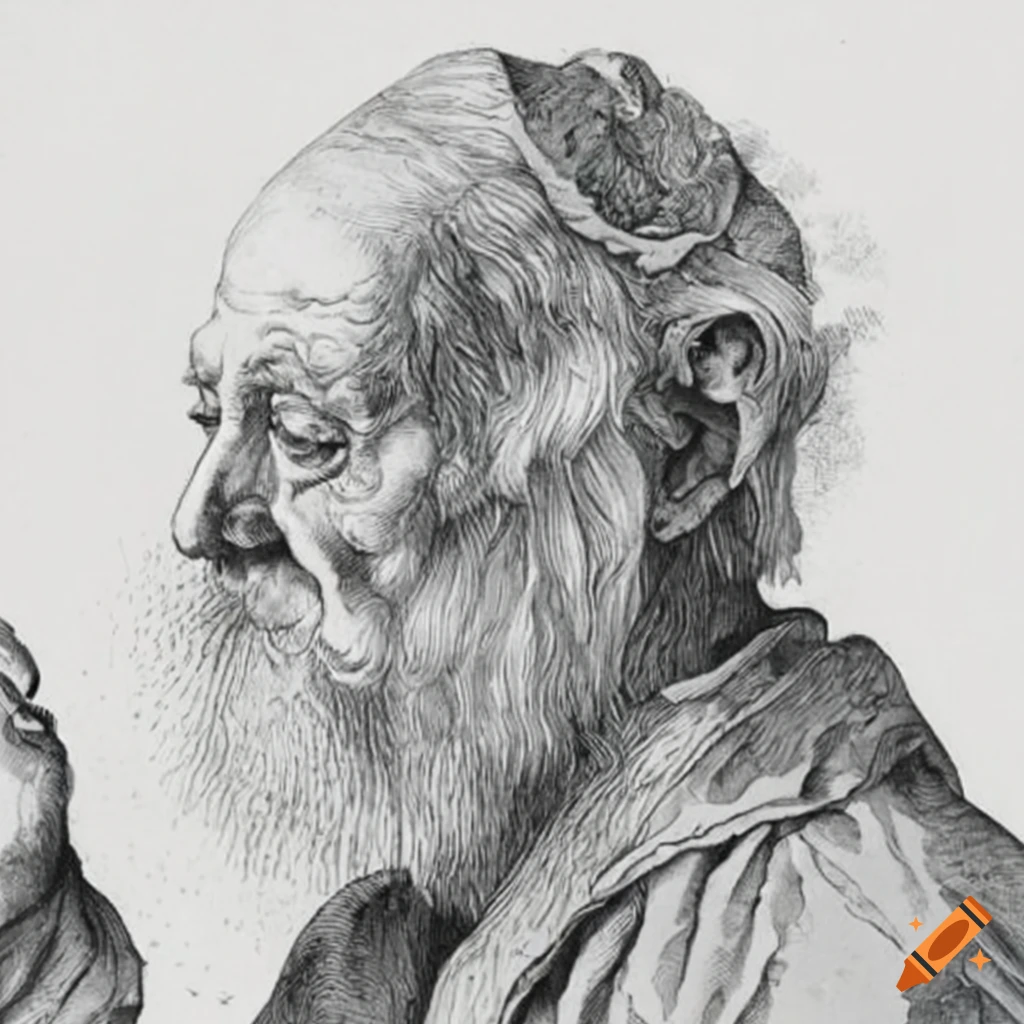 Elderly men observing art in Durer etching style