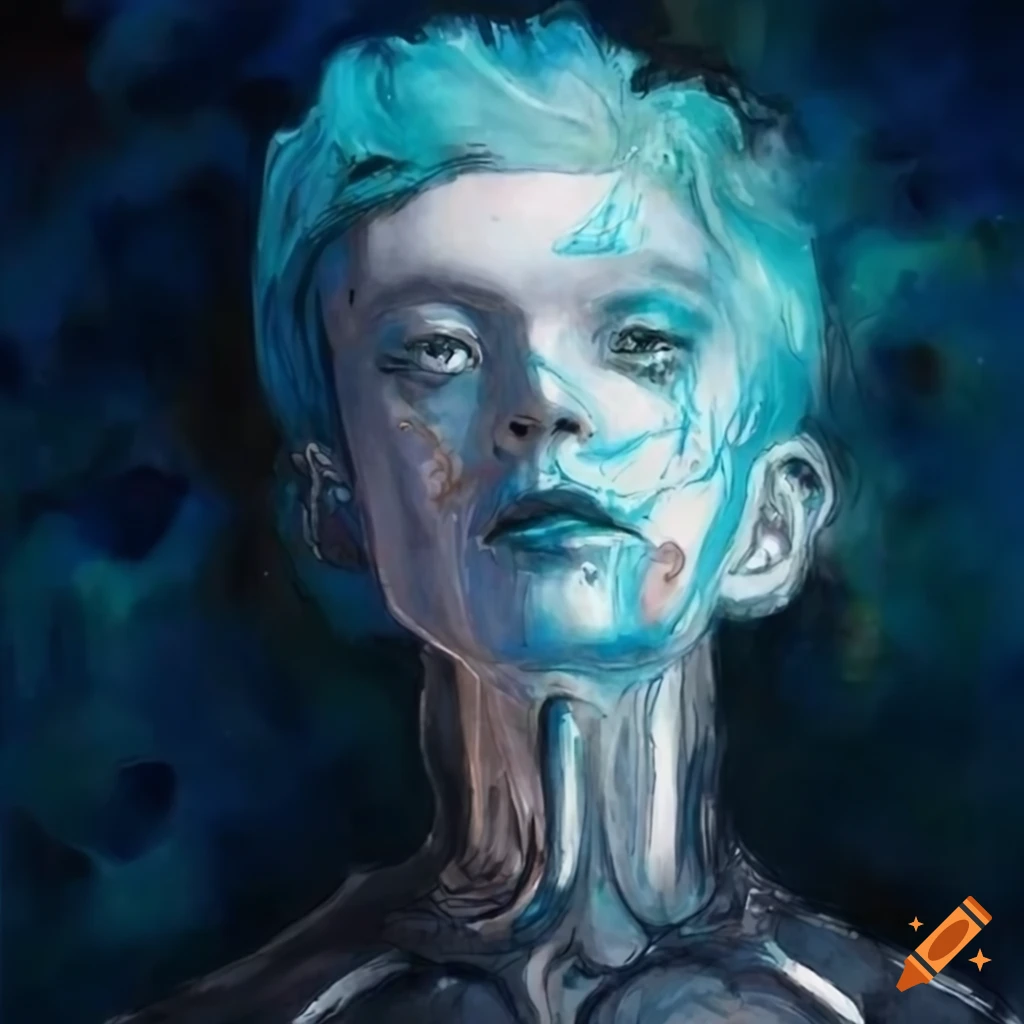 Charismatic young man cyborg in a white high-tech bodysuit with cyan hair