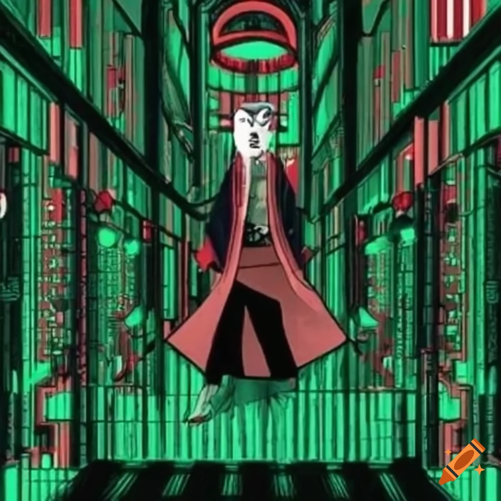 Hacker trapped in the Matrix depicted in Ukiyo-e style with manga influence