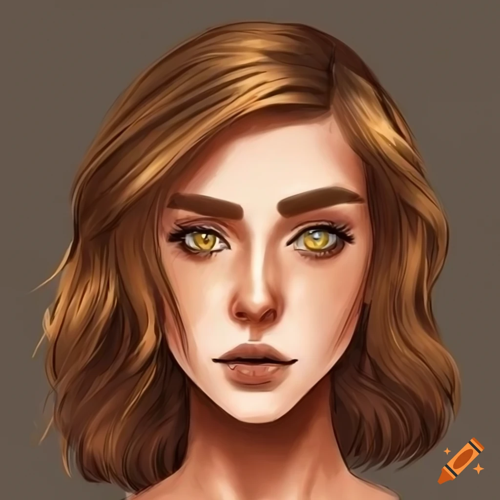 Portrait of a woman with brown-green eyes and caramel brown hair on Craiyon