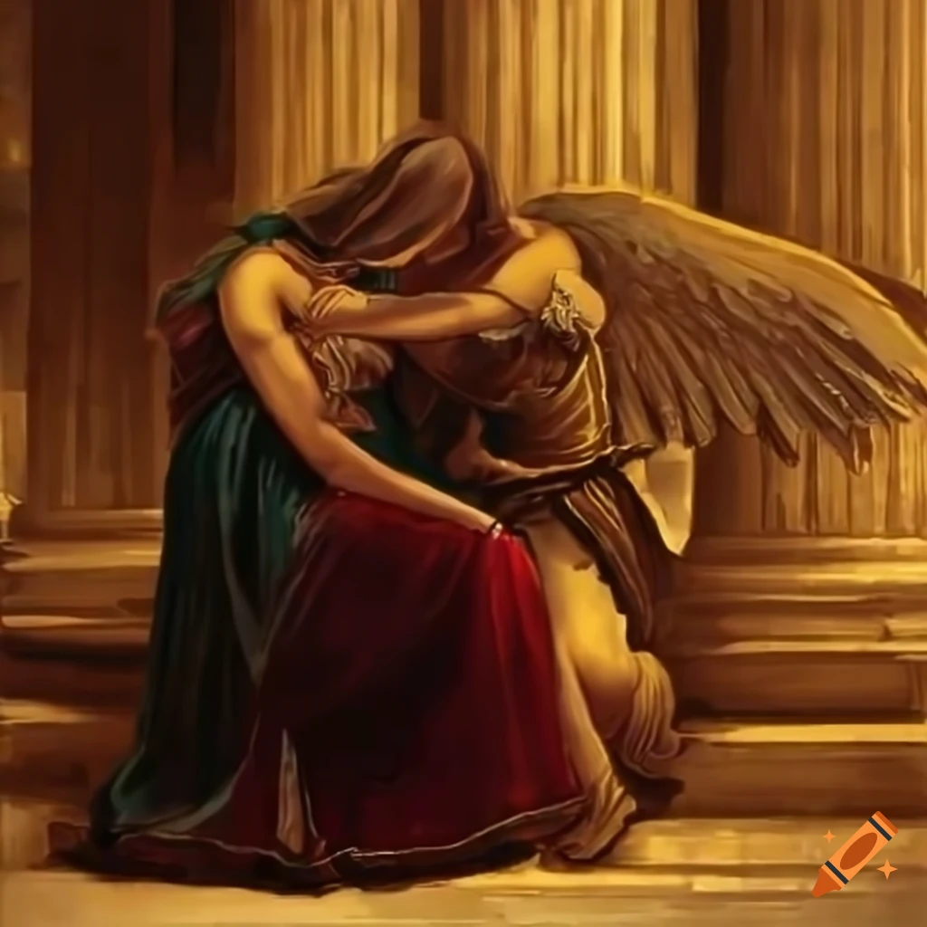 Soldier weeping on cathedral steps comforted by an angel in romanticized art style