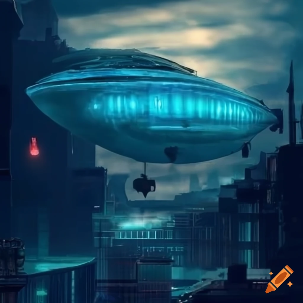 Futuristic cyberpunk zeppelin flying in the sky