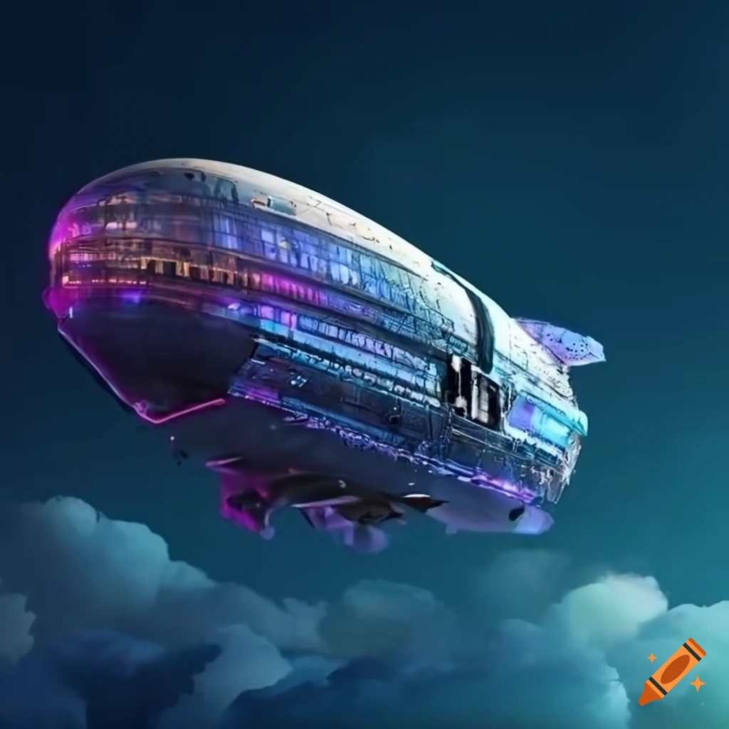 Futuristic cyberpunk zeppelin flying in the sky
