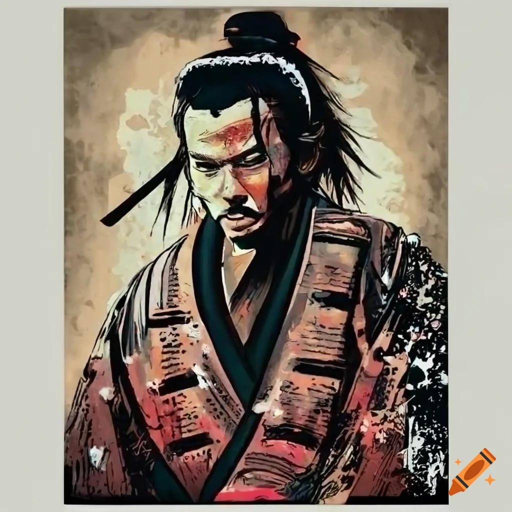 Samurai Miyamoto Musashi in ukiyo-e style with a hint of post-apocalyptic flair