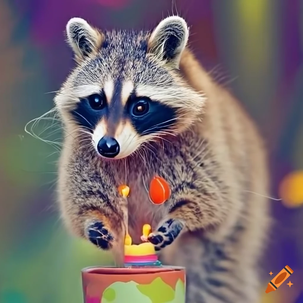 Adorable raccoon organizing a vibrant birthday party with friendly cats