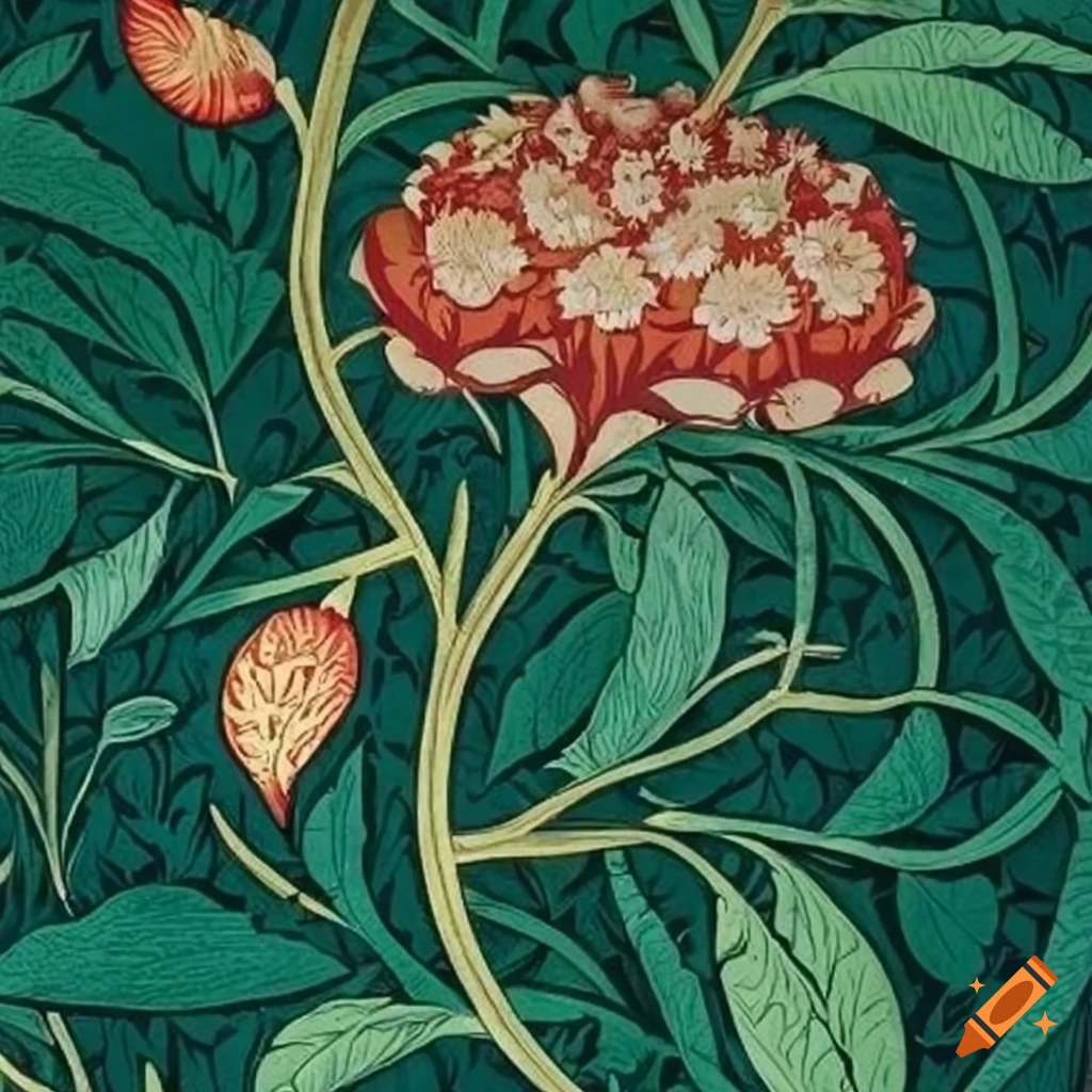 Poster with William Morris style botanical art in green and maroon colors
