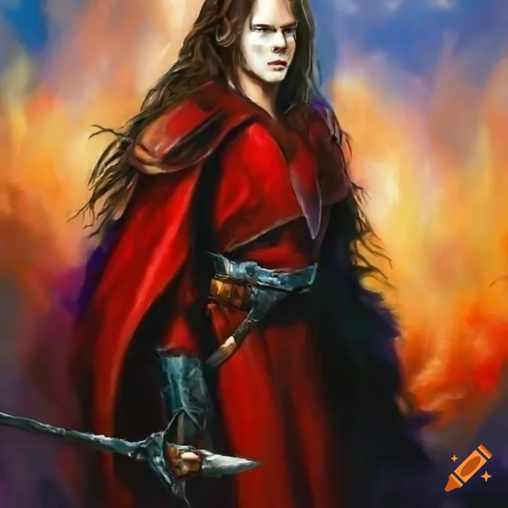 Elegant Dunlending warrior with long wavy hair and a red cloak
