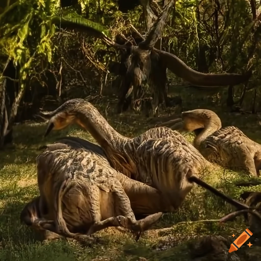 Three hadrosaurs resting in the shade of a tree in a sunny clearing