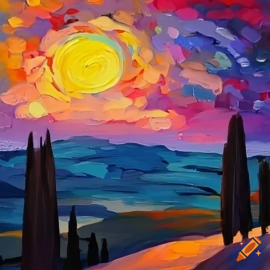 Italian landscape at sunset in Toscana with a starry night sky in a Shagall Style anime illustration