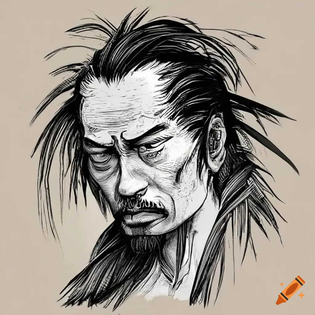 Samurai Miyamoto Musashi in ukiyo-e style art with a post-apocalyptic touch