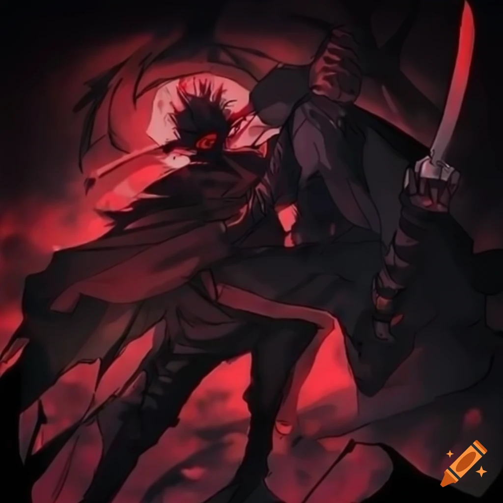 Dark anime scene with two men fighting with swords in black and red colors