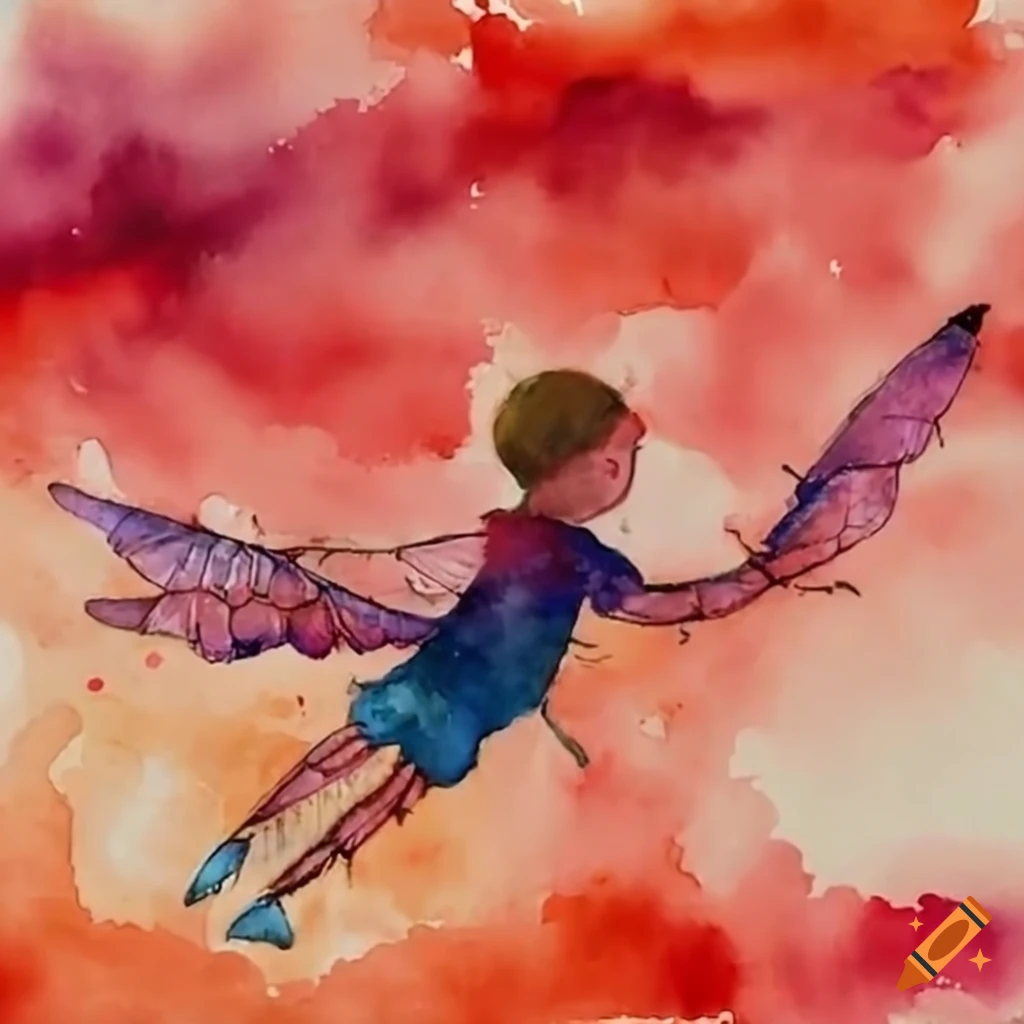 Boy flying in a red city in the sky