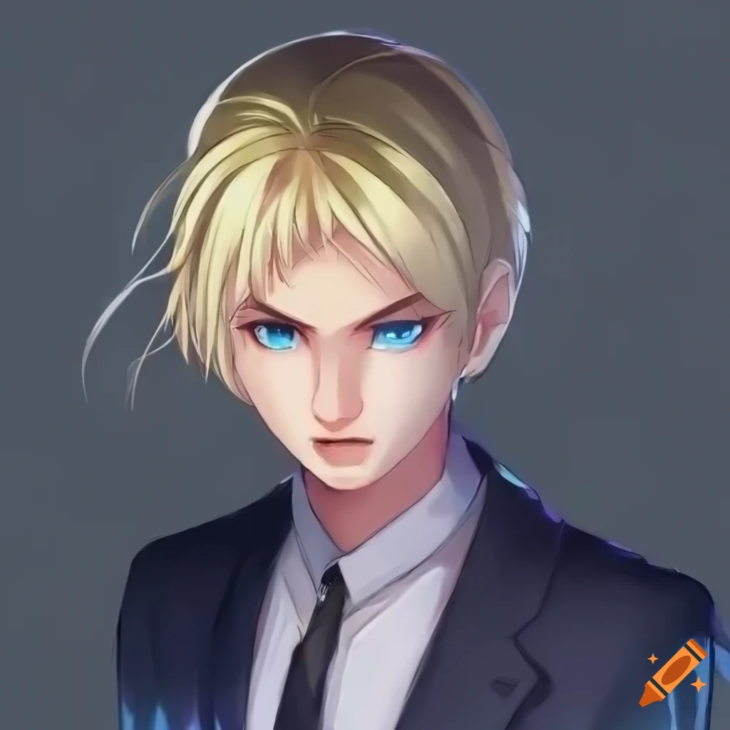 Intriguing anime character with piercing blue eyes and blonde hair in formal business attire