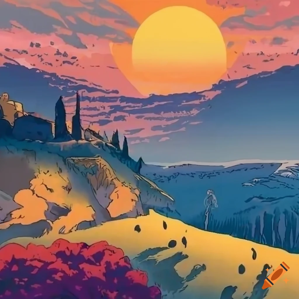 Italian landscape during sunset in Toscana with Ukiyo-e style