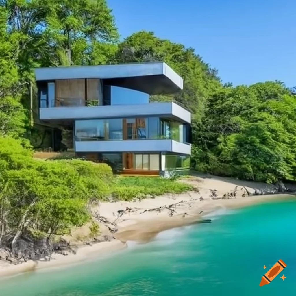 Modern house along the beach surrounded by trees
