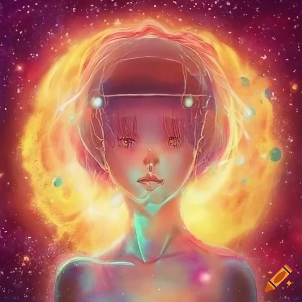 Human aura with bright warm colors and stars and planets in a Ukiyo-e style illustration