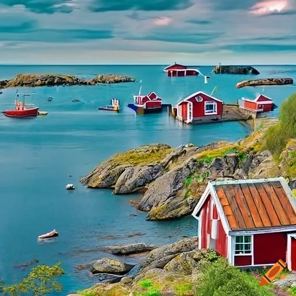 Charming Swedish seaside hamlet with colorful wooden houses and fishermen's huts