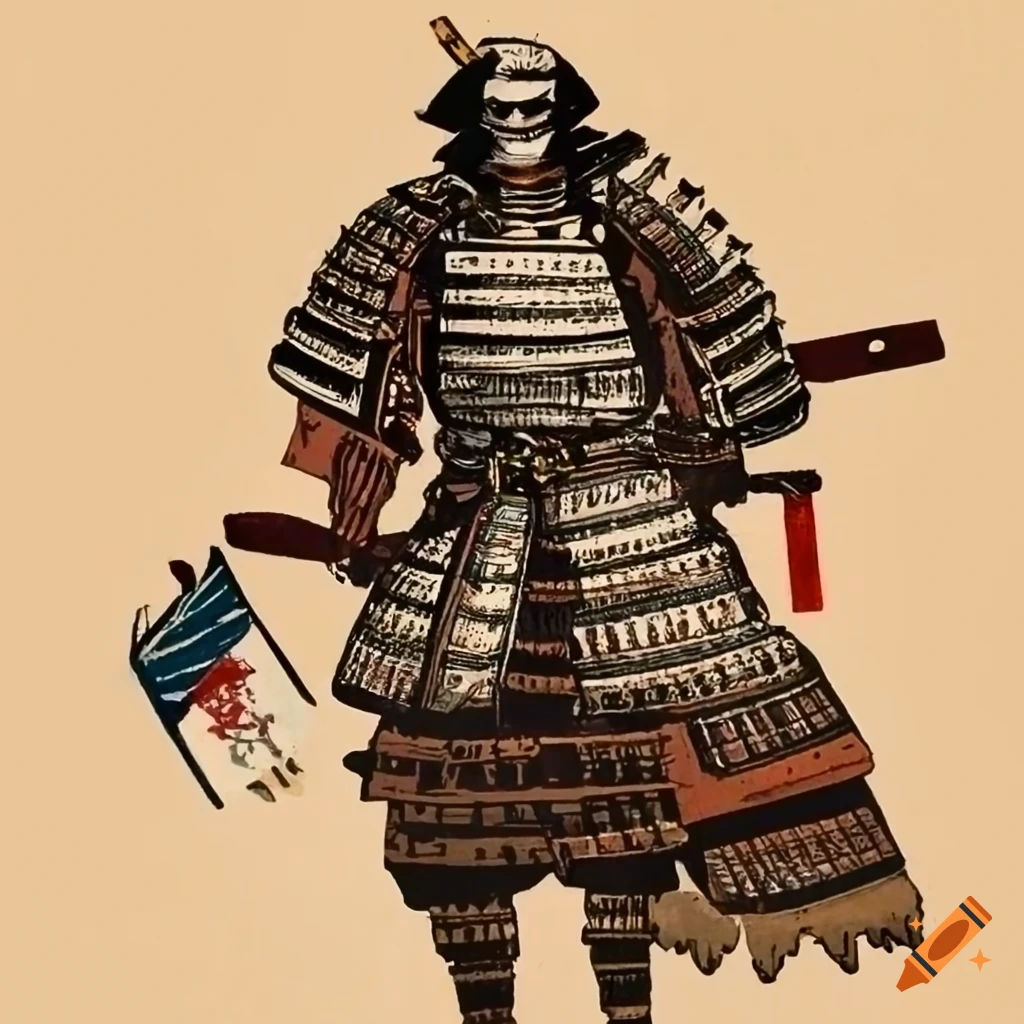 Samurai in ukiyo-e style woodblock print with a splash of black behind