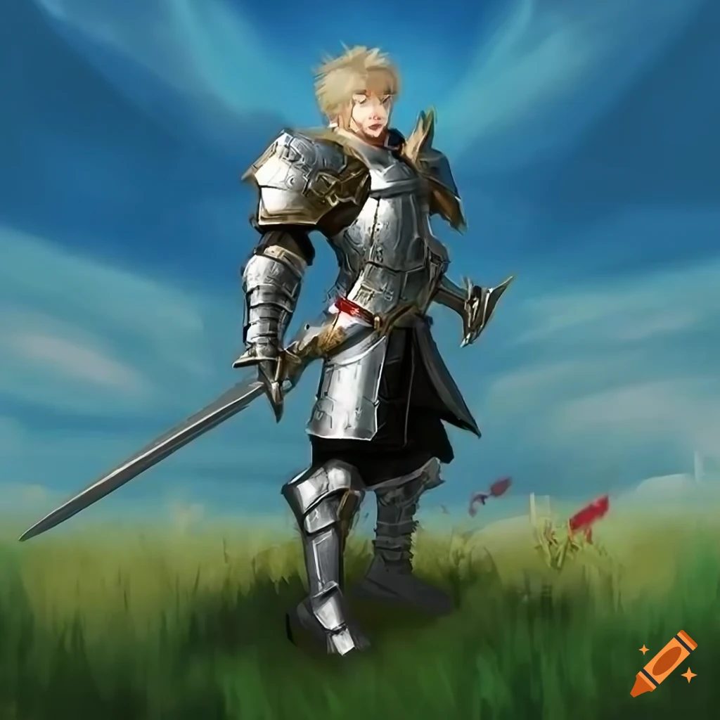 Elegant Square Enix style depiction of a young Paladin in a serene meadow