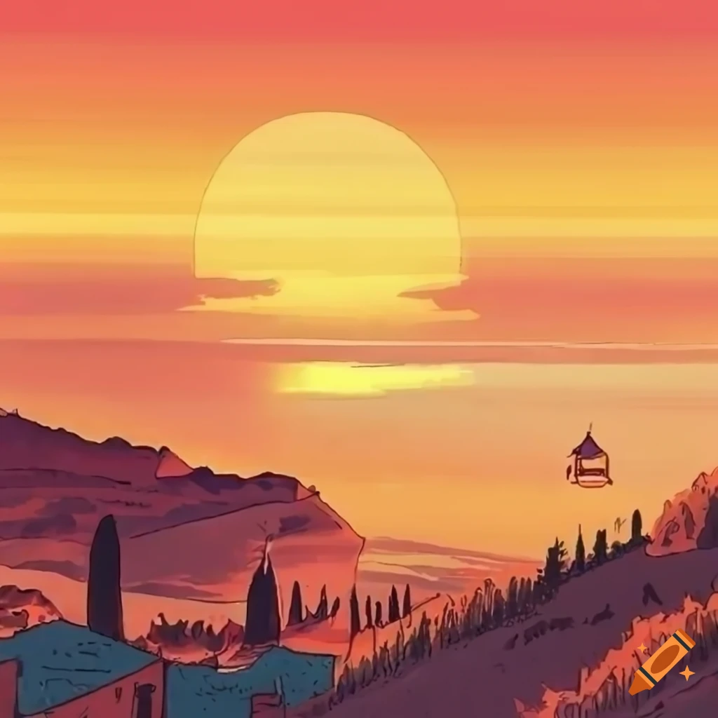 Italian landscape during sunset in Toscana with Ukiyo-e style