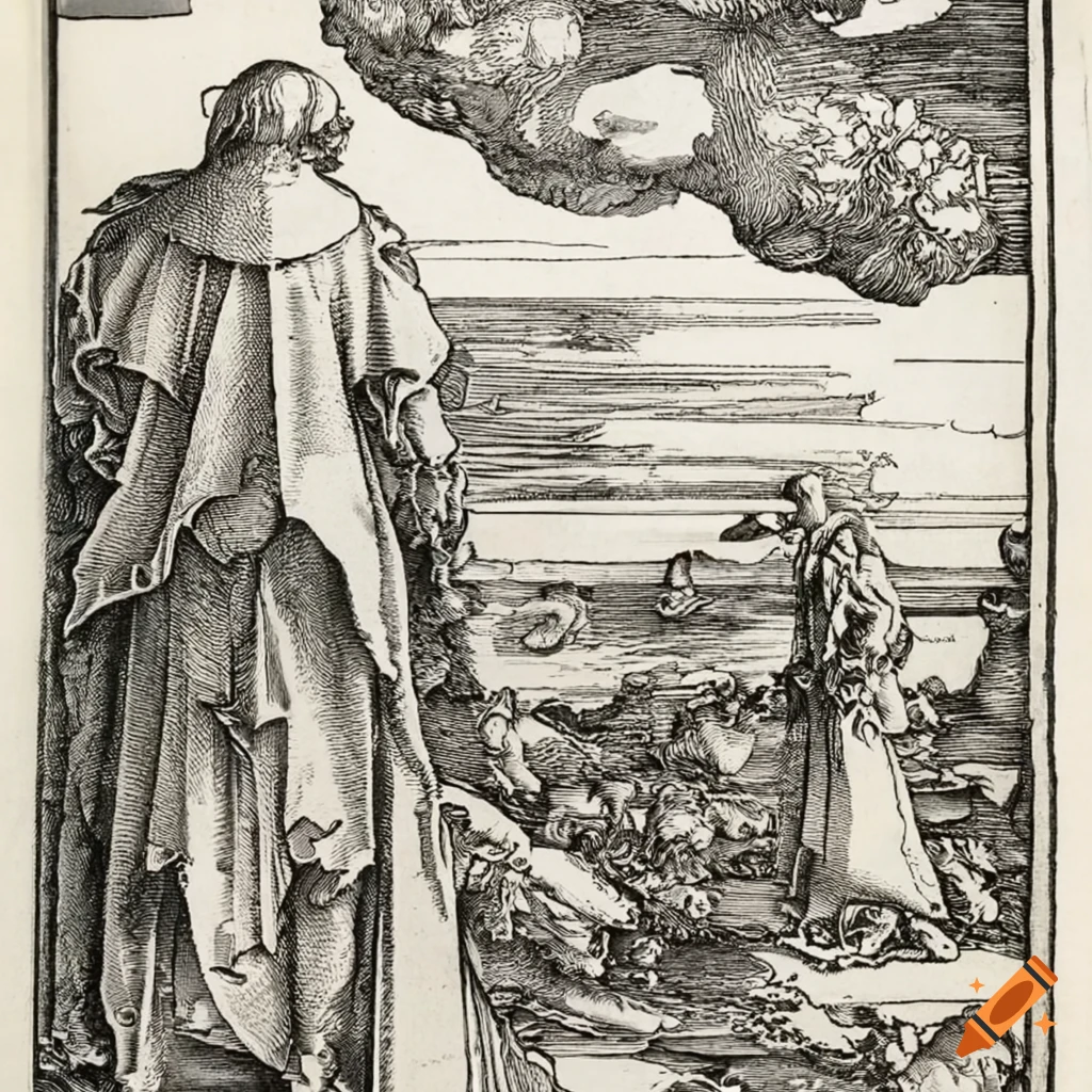 Elderly men observing art in Durer etching style