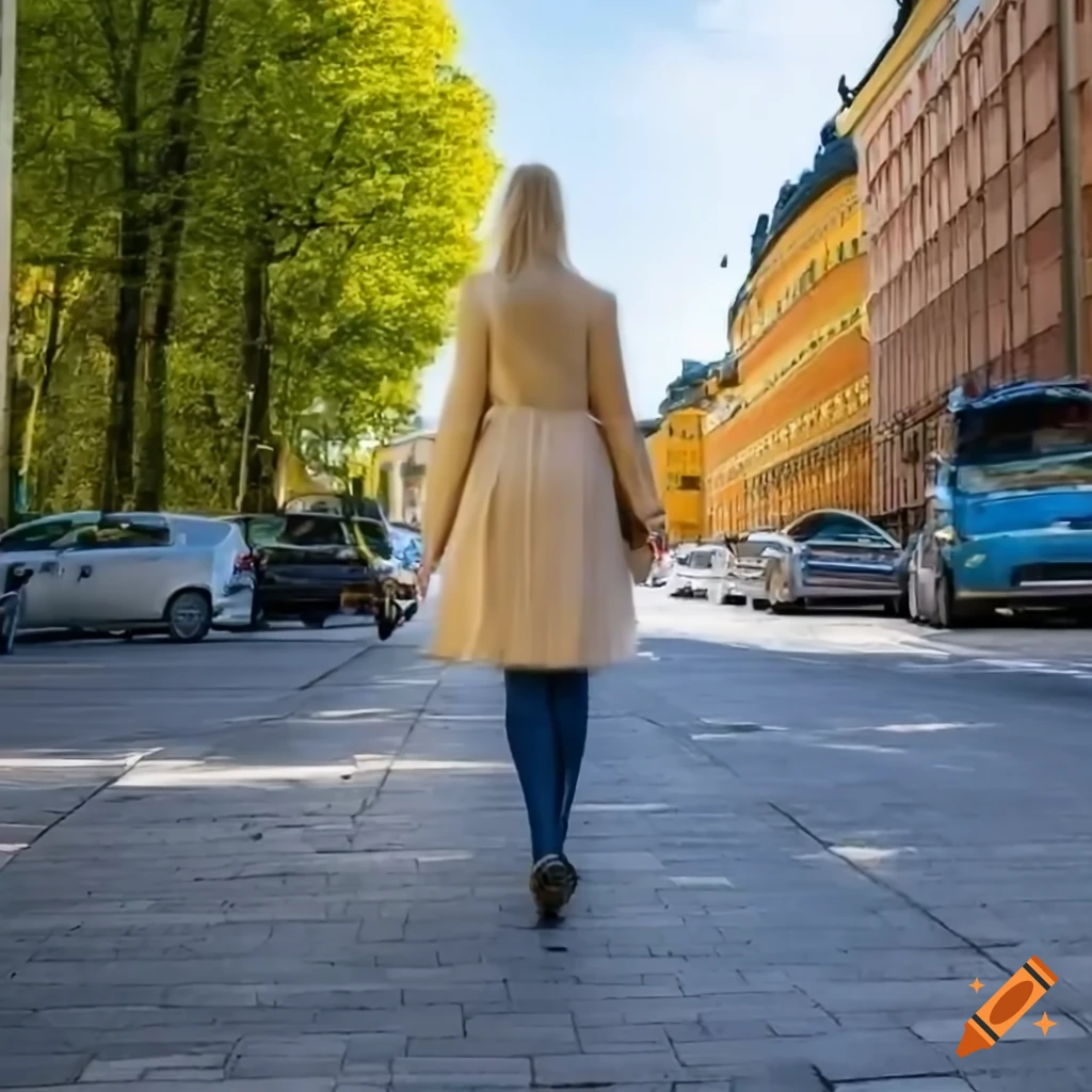 Blond Swedish woman walking on a sunny street in Stockholm