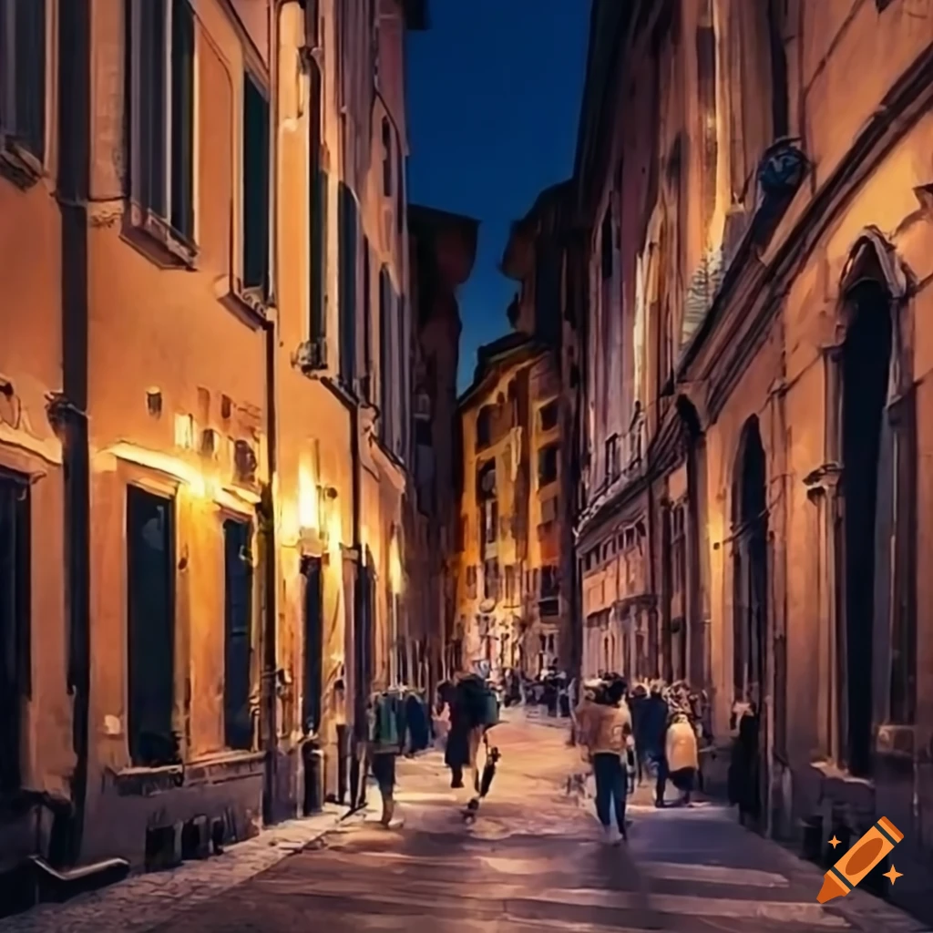 Street in an Italian city in the evening with shops, restaurants, and bars